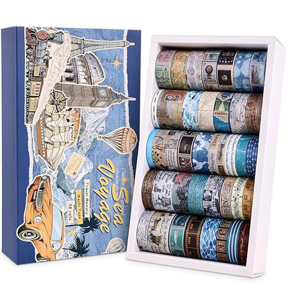 38 Rolls Vintage Washi Tape Set, Vintage Travel Stamp Map Scenery Art Letter Writable Decorative Tapes for Scrapbooking , Junk Journal Supplies, Bullet Journaling 5-25mm Wide 9.84ft long/Roll
