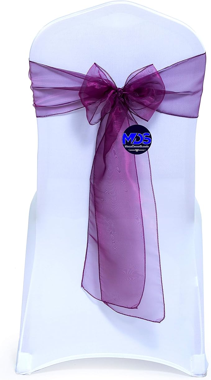 MDS Pack of 150 PCS Organza Chair Sashes Wider Dining Chair Bows Ribbon Tie Back for Wedding Party Birthday Bridal Shower Reception Event Banquet Home Chair Cover Decoration - Eggplant