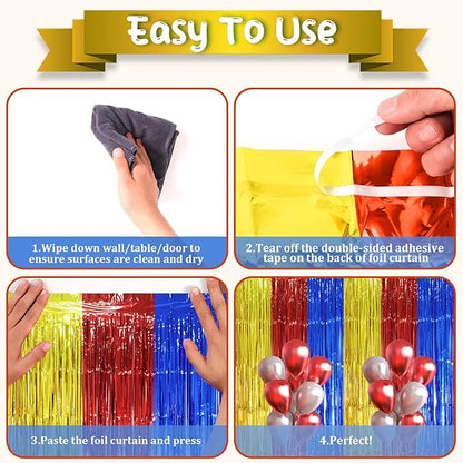 2 Pack Blue Red Gold Foil Fringe Backdrop Curtains, Tinsel Streamers Party Decorations, Fringe Backdrop, Door Shimmer for Birthday Party