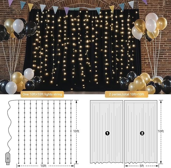 10×10ft Tulle Backdrop Curtains with Lights String - 300LED Fairy Lights Sheer Curtain Backdrop for Weddings Baby Shower and Birthday Party Decorations(4 Panels 5×10ft)