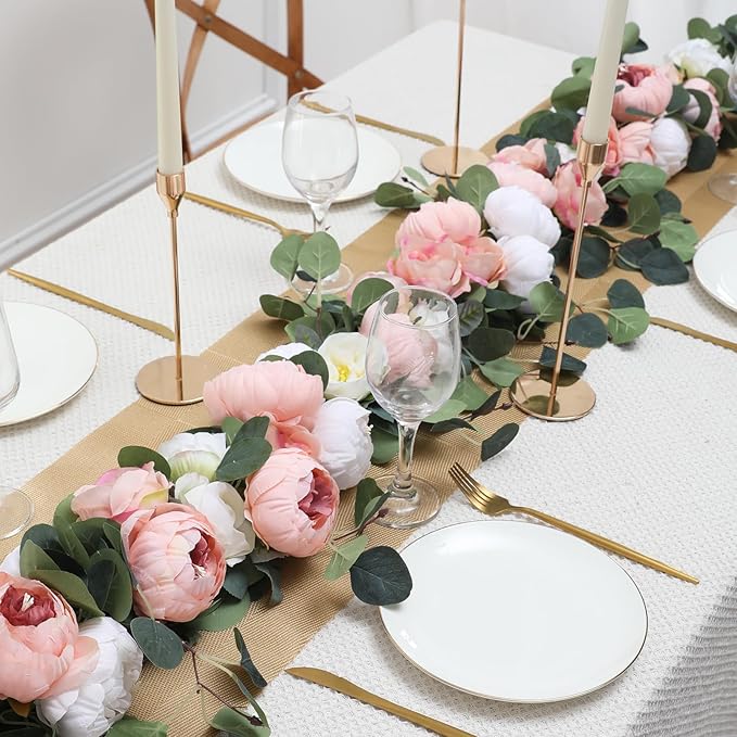 Floweroyal 2 Pack Artificial Flower Garlands 11.2FT Eucalyptus Garlands with Flowers 8 Head Peony Flower Vine Faux Floral Garland for Wedding Arch Table Wall Backdrop Wreath Decoration. (Pink & White)
