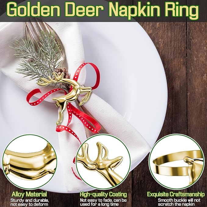 ZeeDix Gold Reindeer Christmas Napkin Rings Set of 6, Napkin Holder Ring for Christmas Dinner Table Decor Cloth Napkins, Wedding Receptions, Holiday Party, Banquet and Home Kitchen