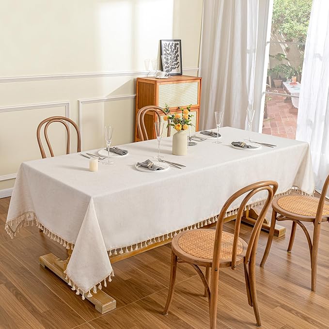MYSKY HOME Table Cloth 60x84 in Rectangle Table, Heavy Duty Cotton Tassel Linen Look Waterproof Tablecloths Farmhouse Tablecloth, Wrinkle Free Table Cover with Beige Tassels for Kitchen Dining, Party