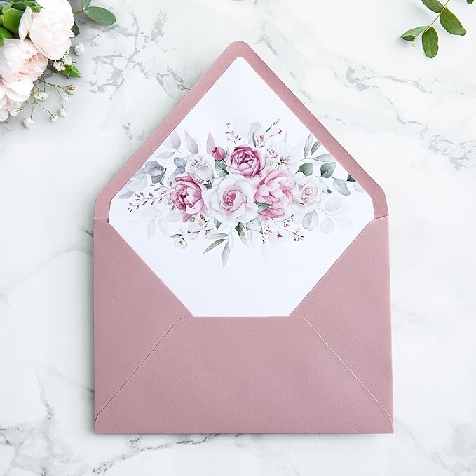 PONATIA 50PCS A7 Euro Flap Envelopes, 5.25 x 7.25'' Liner Envelope For 5x7'' Weddings Invitation Cards, Christmas Gift Cards, Acrylic Invitations, Photos (Dusty Rose)
