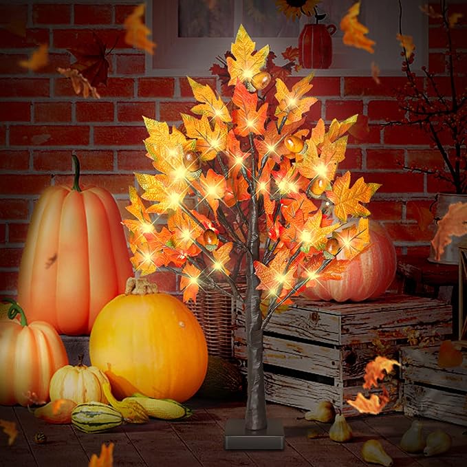 24 Inch Fall Lighted Maple Tree, 2FT Fall Tree with 36 LEDs, 6 Acorns, Timer Battery Operated, Thanksgiving Decorations Table Lights Tree for Autumn Wedding Party Gift Harvest Home