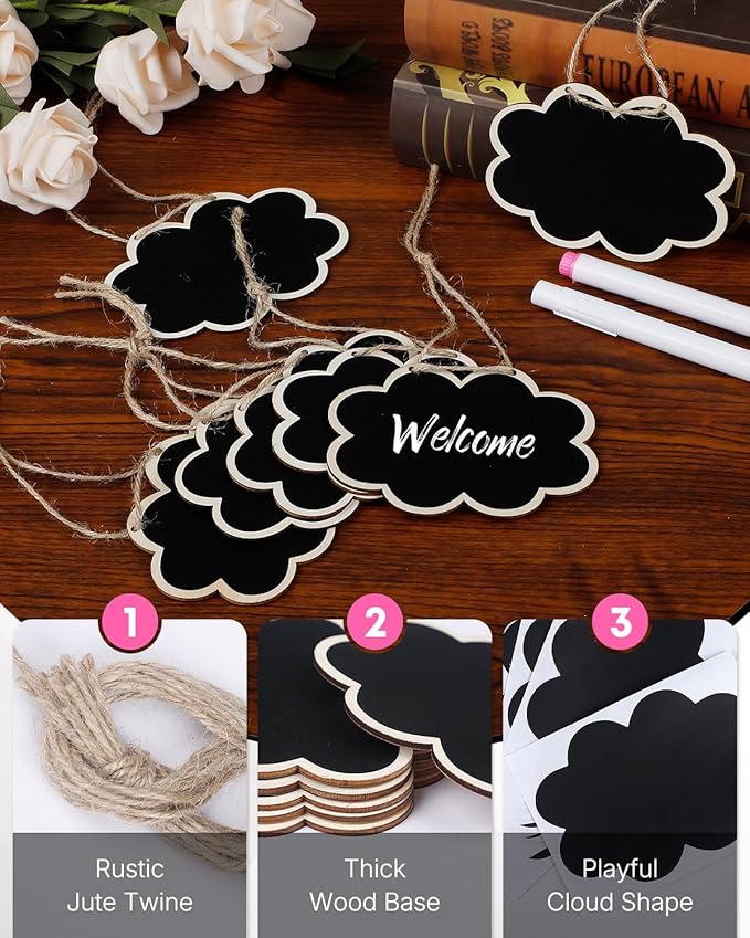 Uniclife 24 Pack Mini Chalkboard Signs for Food, Small Chalkboard Signs with Strings Chalk Markers & Replacement Stickers, Hanging Chalkboards Sign Reusable Wooden Food Labels for Party Buffet Wedding