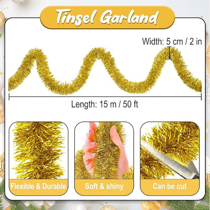 50 Feet Gold Christmas Tinsel Garland, Metallic Foil Twist Banner Wall Hanging Tinsel Streamers Backdrop for Parade Floats, Christmas, Mother's Day, Birthday Party Decorations(2in x 50ft)