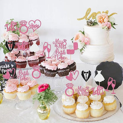 30 PCS Bride to Be Cupcake Toppers Glitter Miss to Mrs I Do Love Heart Ring Cupcake Picks Wedding Bridal Shower Cake Decorations for Wedding Engagement Bachelorette Party Supplies Pink