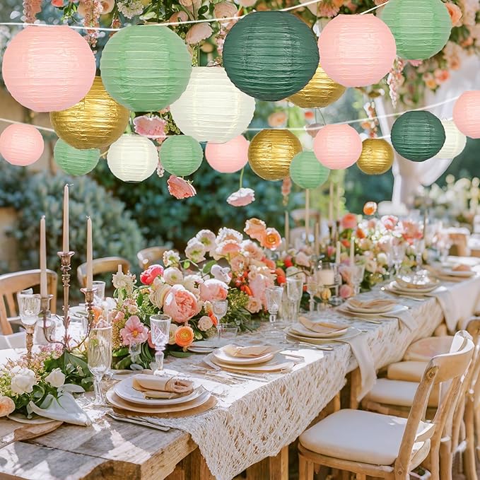 ADLKGG Paper Lanterns Decorative, Round Hanging Paper Lanterns Decorations for Graduation Bridal Shower Wedding Birthday Neutral Baby Shower Decorations Home Decor Sage Green/Pink/Gold 21pcs