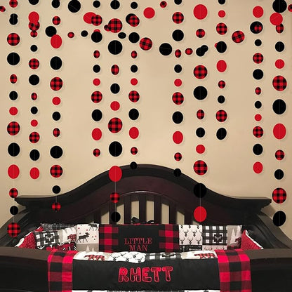 46Ft Buffalo Plaid Polka Dot Garlands Black Red Checkered Paper Circle Dot Streamer Banner for Baby Shower Bridal Shower Birthday Bachelorette Christmas Holiday Halloween Party Decorations Supplies