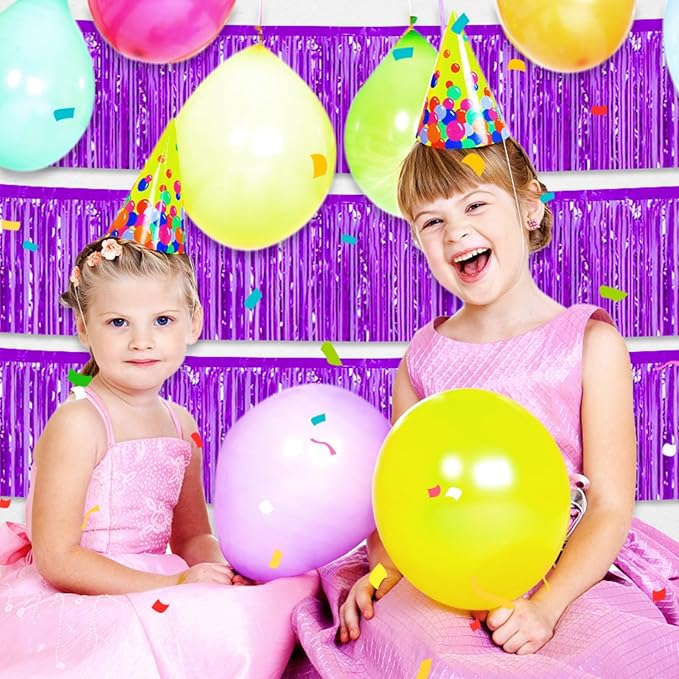 4 Pack 10 Feet Purple Foil Fringe Garland Metallic Tinsel Streamers Banner Wall Hanging Curtain Backdrop for Parade Floats, Wedding, Graduate, Mother's Day, Birthday Party Decoration