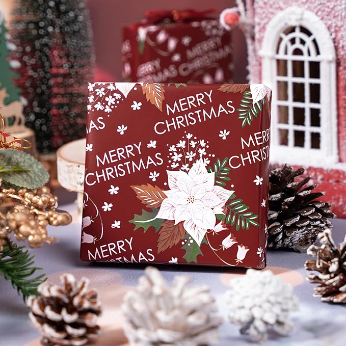 LeZakaa Christmas Wrapping Paper Roll - Red Flower & Merry Christmas Letter Pattern for Holiday, Party - 17 inches x 32.8 Feet (46.45 sq.ft.)