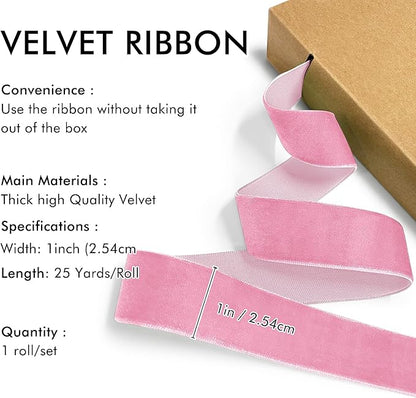Pink Velvet Ribbon 1'' 25 Yards for Christmas Tree, Gift Wrapping, Flower Bouquet, Wreath Decorations, Bow Making