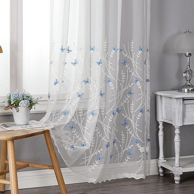 VISIONTEX White Sheer Voile Curtains, Decorative White Embossed Butterflies Rod Pocket Window Drapes for Home Kitchen, Living Room and Bedroom 54 x 95 Inch, Set of 2 Curtain Panels