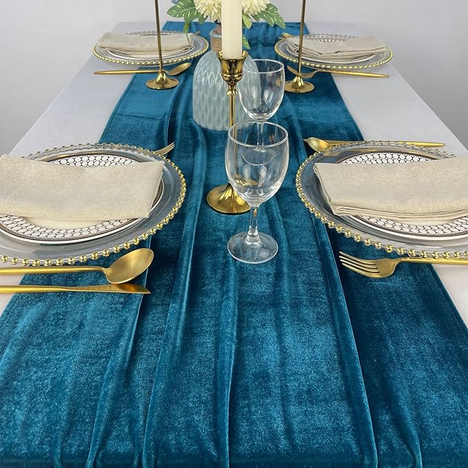 Velvet Table Runner, 10ft Luxurious Wedding Reception Decorations Soft Velvet Fabric Table Linen Overlay for Party (20 x 120 inch, Teal Blue)