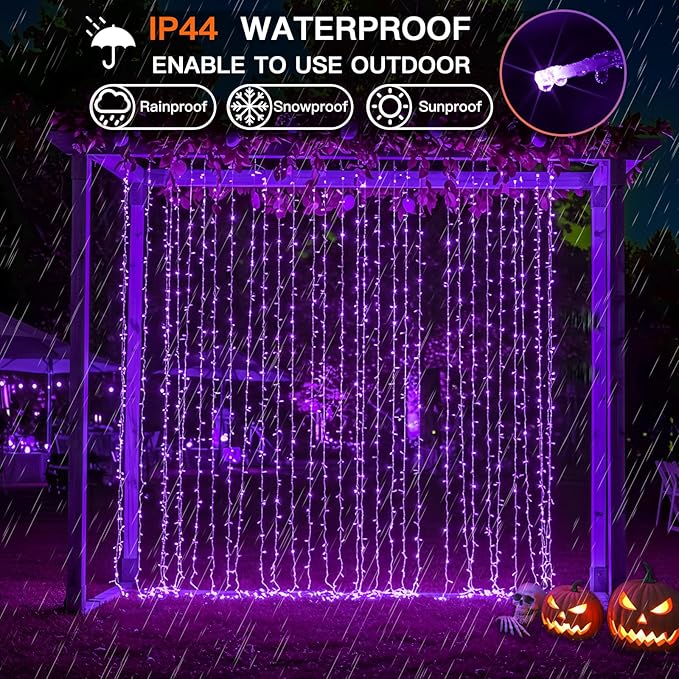 suddus Color Changing Curtain Lights for Halloween, 200 LED 6.5ft x 6.5ft Hanging String Lights with USB, Curtain Fairy Lights Indoor for Bedroom Wall, Party, Porch, Holiday, Purple and Orange
