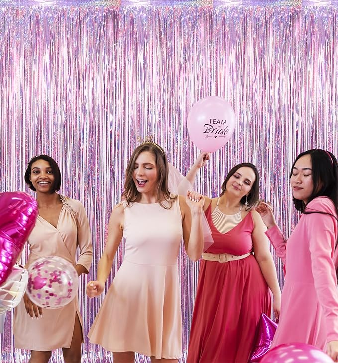 GOER 3.2 ft x 8.2 ft Metallic Tinsel Foil Fringe Curtains Party Photo Backdrop Party Streamers for Birthday,Graduation,New Year Eve Decorations Wedding Decor(5 Packs,Laser Pink)