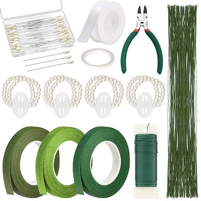 PAXCOO Floral Tape and Floral Wire Arrangement Tool Kit with Green Floral Tape, Floral Wire, Boutonniere Flower pin, Wire Cutter, White Ribbon and Elastic Pearl Wrist Corsage Bands for Bouquets