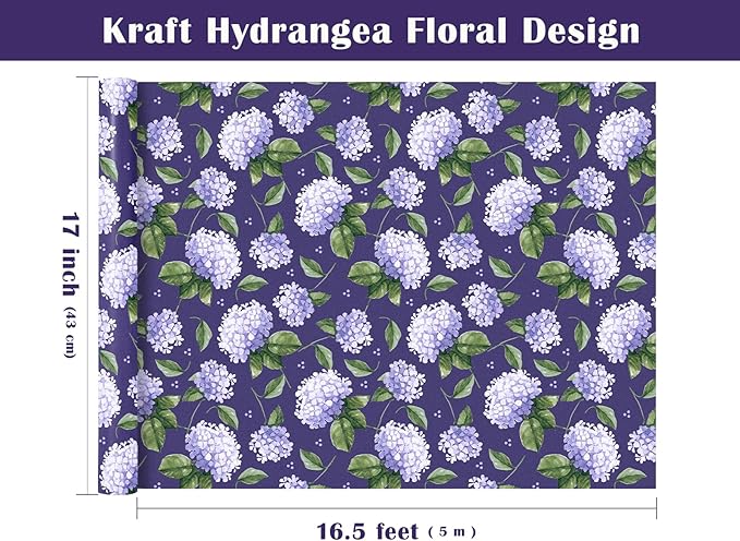 WRAPAHOLIC Kraft Hydrangea Floral Wrapping Paper Roll - Mini Roll - 17 Inch x 16.5 Feet - Blue Hydrangea Flower Wrapping Paper for Wedding, Birthday, Bridal Shower, Tea Party