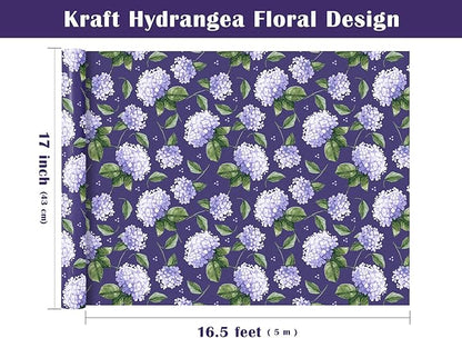WRAPAHOLIC Kraft Hydrangea Floral Wrapping Paper Roll - Mini Roll - 17 Inch x 16.5 Feet - Blue Hydrangea Flower Wrapping Paper for Wedding, Birthday, Bridal Shower, Tea Party