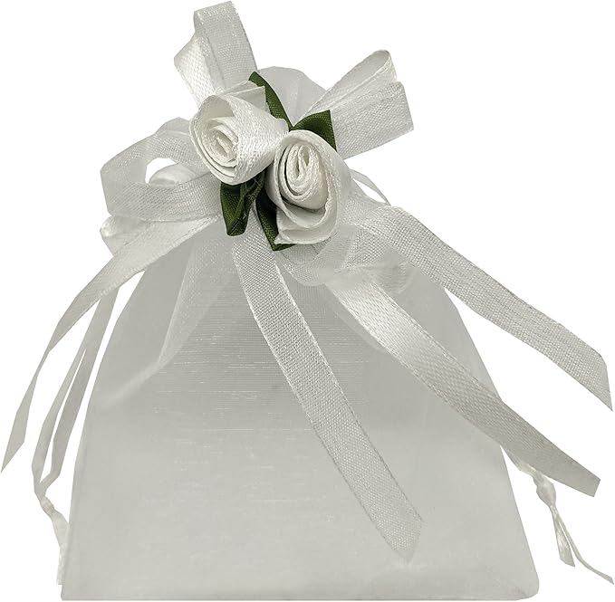 Ankirol 50pcs Sheer Organza Favor Bags For Wedding 3.8x4.8'' Gift Bags Samples Display Drawstring Rose Pouches (white)