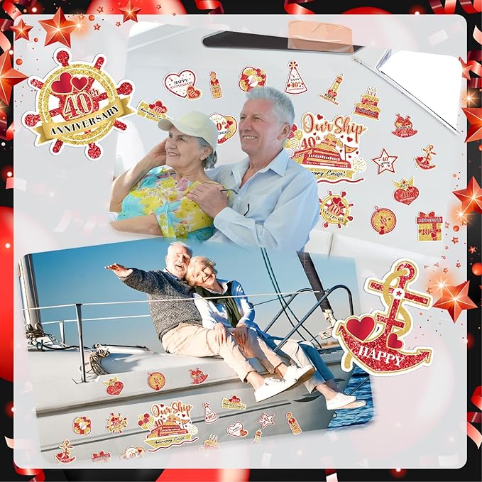 40th Anniversary Cruise Door Magnets Decorations Red Gold Happy 40th Anniversary Cruise Ship Door Decor Magnetic for Married in 1985 Men Women Wedding Party Refrigerator Fridge Car Kitchen Garage