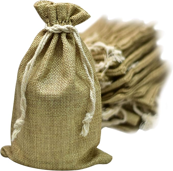 50 Burlap Bags with Drawstring, 5x8 Inch (5x7 Internal) Gift Bag Bulk Pack for Wedding and Birthday Party Favors, Jewelry and Treat Pouches, Advent, Christmas & Holiday Gift Wrap (Brown)