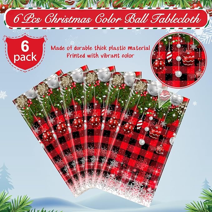 6Pcs Christmas Buffalo Plaid Snowflake Tablecloths,Plastic Red and Black Checkered Rectangle Christmas Tree Color Ball Table Cover for Winter Christmas New Year Holiday Party Decorations,54x108 inch