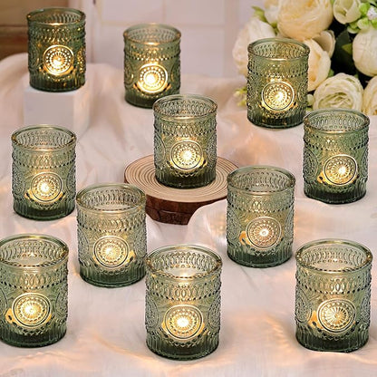 DARJEN Green Votive Candle Holders Set of 36- Glass Candle Holders Bulk for Flameless LED Tea Waxes, Tea Light Candle Holder for Wedding & Home Table Decor, Vintage Parties Gifts