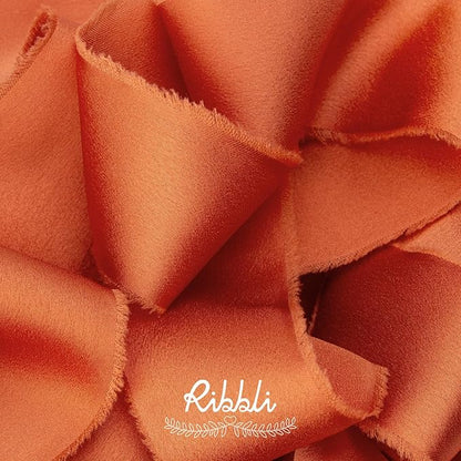 Ribbli Terracotta Silk Satin Ribbon - 1.5 Inch x 12 Yard Handmade Frayed Chiffon Burnt Orange for Gift Wrapping, Wedding Invitations, Bridal Bouquets & Home Decor