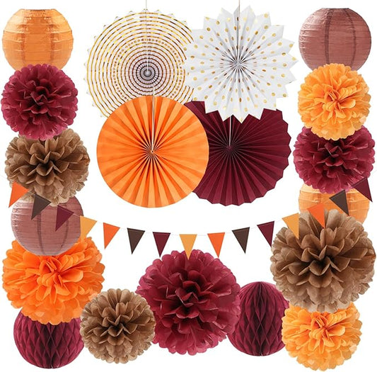 Burgundy Brown-Orange Baby-Shower Boho Party-Decorations - 20pcs Fall Autumn Paper Lanterns Fans,Tissue Pom Poms,Honeycomb Balls,Wedding Birthday Bridal Harvest Thanksgiving Festival Decor Burgleda