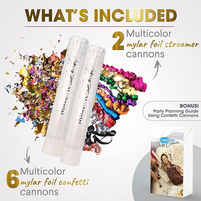 PrimePure Confetti Cannon Party Poppers - Metallic Foil Multicolor Confetti Poppers & Streamers - 8 Pack - Easy-to-Use Party Cannon - Glitter Bomb Pop Gun for Graduation, Birthday, Celebration, Prank