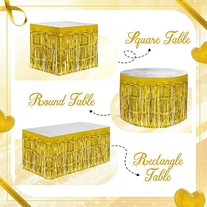2 Pack Gold Table Skirts, 29x108" Metallic Foil Tinsel Fringe Table Skirts for Rectangle Tables Streamer Curtains Backdrop, Party Decorations for Birthdays Weddings Holidays