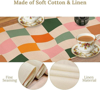 Hippie Table Runner, Vintage Geometric Square Orange Green Pink Grid 60s 70s Style Kitchen Dining Room Decor for Indoor Outdoor Wedding Party Table Runner 13x90 Inch