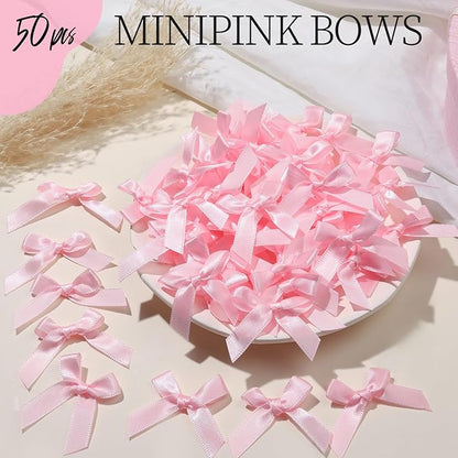 YGDZ Mini Pink Bows - 50 PCS, Satin Fabric Ribbons for Crafts, Tiny Bows for Wedding Party Favors, Gift Box Decorations