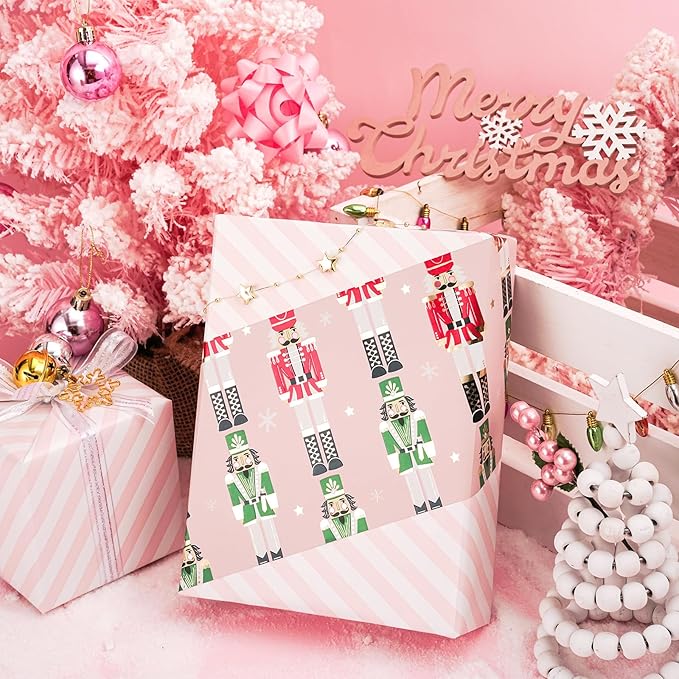 LeZakaa Christmas Pink Wrapping Paper Jumbo Roll for Kids, Pink Metallic Foil Gift Wrap Paper with Red & Green Nutcracker Soldier & Stripe Reversible Design, 30 inches x 32.8 Feet