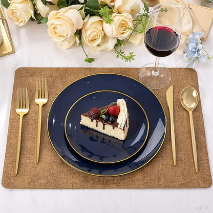 bUCLA 100PCS Blue Plastic Plates - Navy Blue Disposable with Gold Rim, Include 50 Each (10 inch Dinner & 7 inch Dessert) Plates, Ideal for Party