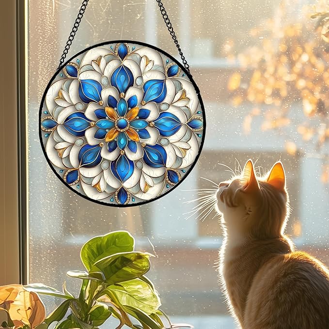 Stained Glass Window Hanging - Blue and White Abstract Flowers Suncatcher for Door Terrace Garden Home Decor, Gold Sun Catcher Birthday Gifts for Lovers Women Men Dad Mom Nana 9.8 in