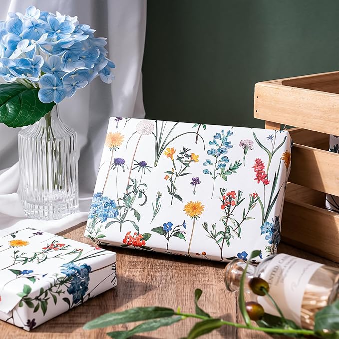 WRAPAHOLIC Kraft Wildflower Wrapping Paper - Mini Roll - 17 Inch x 16.5 Feet - Floral Wrapping Paper for for Wedding, Birthday, Bridal Shower, Tea Party