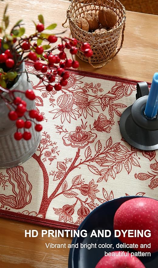 ISAENNE Designer Chinoiserie Elegant Linen Table Runner 87 Inches Long,Red Floral Pattern Decor Table Runners for Thanksgiving,Dining Room,Banquet,Kitchen Tables,Christmas,12"*87"-Ruyi A