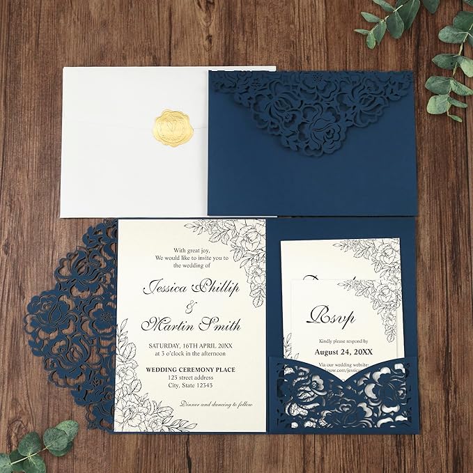 DORIS HOME 50pcs Laser Cut Wedding Invitation Pockets with Envelopes Blue, 5.12" x 7.12"Invitation Cards for Wedding, Anniversary (No Inserts Included)