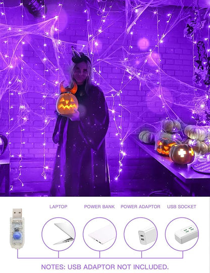 suddus Purple Curtain Lights for Halloween, 200 LED Hanging String Lights with USB Plug, Curtain String Lights Indoor for Bedroom Wall, Christmas, Party, Porch, Holiday Decorations, 6.5ft * 6.5ft