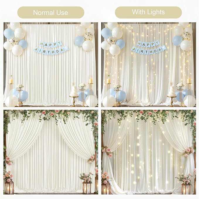 Ivory Backdrop Curtains with Lights for Baby Shower,10x10FT Wrinkle Free Ivory Drapes Photo Backdrop Curtains for Wedding Birthday Party Ceremony Photography Photoshoot Decorations-5ft x 10ft