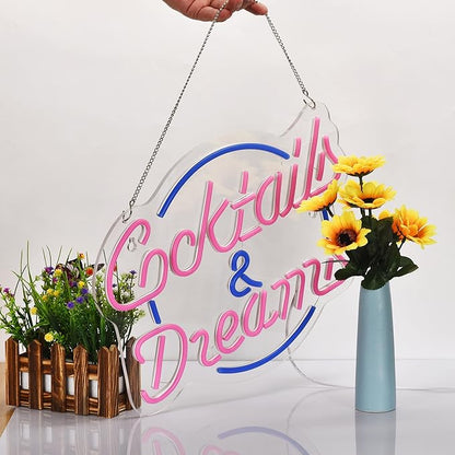 Cocktails and Dreams Neon Sign for Wall Decor Neon Signs with Dimmable Switch LED Neon Signs Bedroom Beer Bar Neon Light Sign Hotel Party Club Office Art Lights