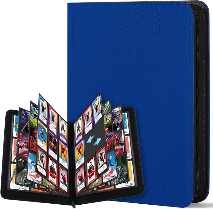 9 Pocket Trading Card Zip Binder, 30 Pack Side-Loading Card Album, Ringless Card Binder with Premium Textured Faux Leather Cover, 540 Cards Folder for Collectible Game, MTG, TCG, Sports Cards, Blue