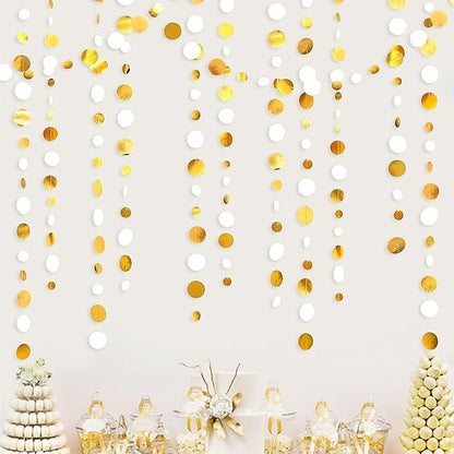 46 Feet White and Gold Circle Dots Garland Hanging Paper Polka Dots Streamer for Birthday Bachelorette Engagement Anniversary Wedding Baby Bridal Shower Christmas Holiday Party Decorations Supplies