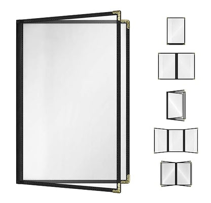 Goodsmart Restaurant Menu Covers – 25 Pack Black 4-View 8.5" x 14", Side-Loading Vinyl & Plastic Menu Holders, Clear Menu Sleeves, Leather-Style Café Covers with Gold Corners