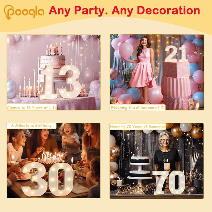 Pooqla Decorative LED Light Up Number Letters, White Plastic Marquee Lights Sign Party Wedding Decor, Battery Operated (6)