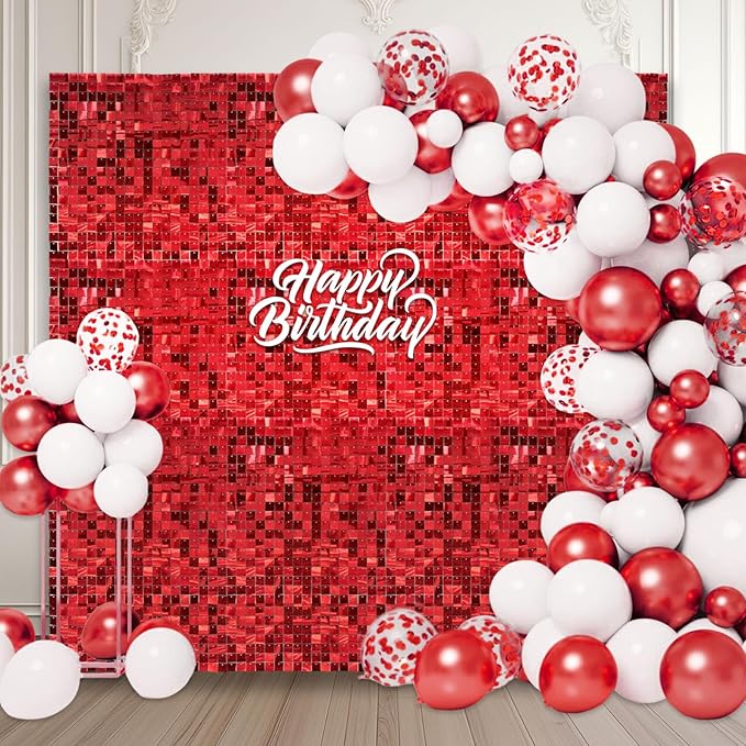 12PCS Red Shimmer Wall Backdrop, Laser Square Sequin Photo Backdrops Panel, Glitter Wall Background for Birthdays, Weddings, Christmas, Engagements, Disco Bachelorette Party Decoration (3FTx4FT)