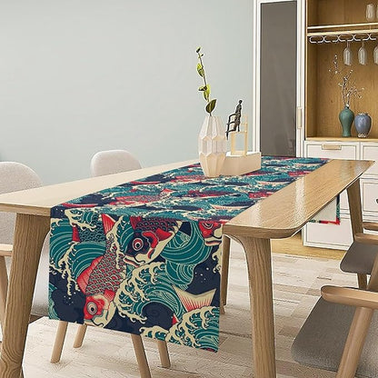 Kio Fish Table Runner Waves Japanese Tradition Art Printed Burlap Runner Home Kitchen Dining Table Living Room Decor Fabric 1 Panel W13xL120in